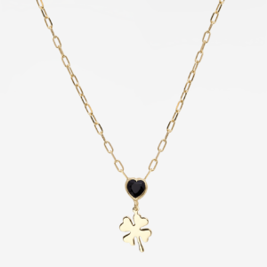 Black Heart Gem & Lucky Clover Shackles 18k Gold Plated Necklace