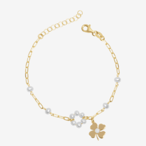Gold Pearl & Lucky Four Leaf Clover Band Bracelet